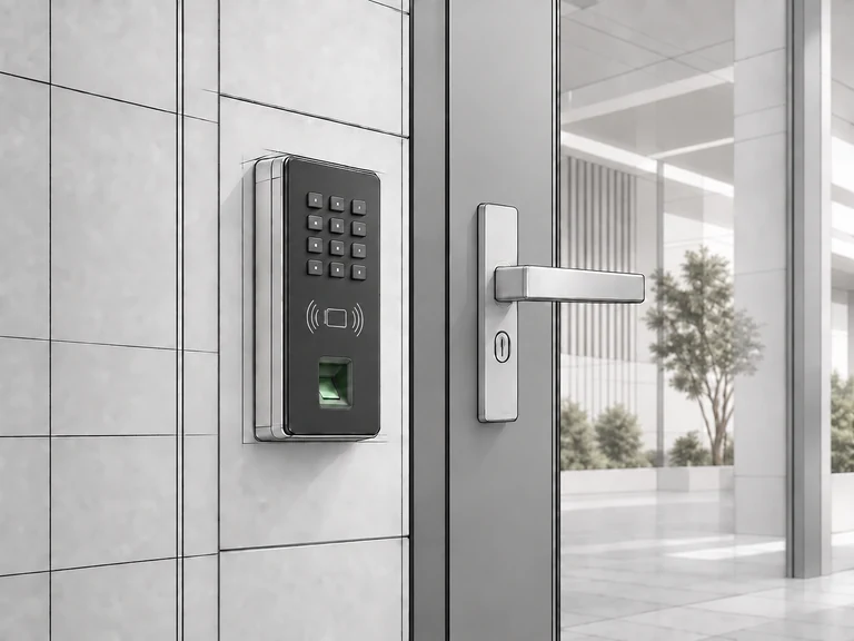 Modern access-control keypad with card and fingerprint readers beside a closed entry door