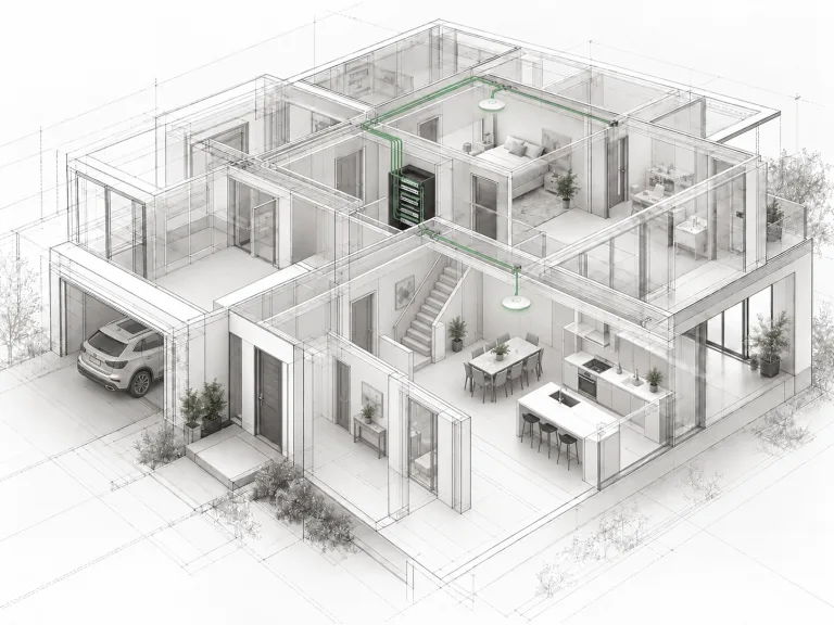 Residential cutaway showing a central network rack, concealed cabling, and two ceiling access points