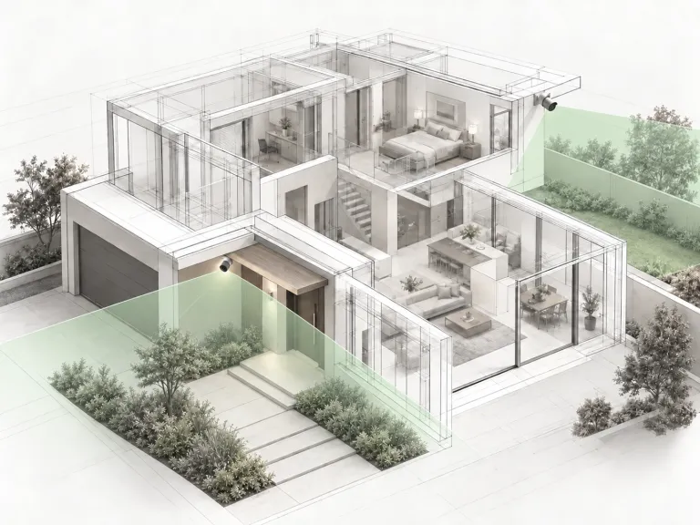 Residential cutaway showing security-camera placement and fields of view