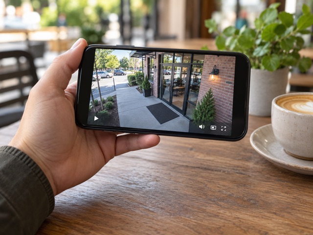 Conceptual image of a phone showing a live view of a business entrance from a café