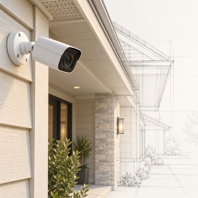 Conceptual view of a mounted home security camera beside an eave that transitions into architectural linework