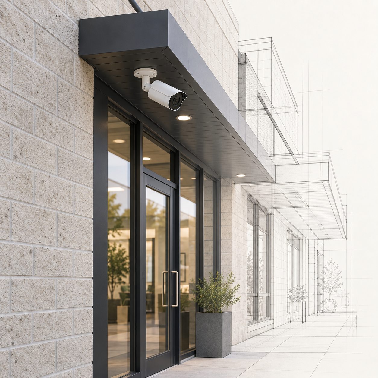 Conceptual view of a security camera mounted beneath a commercial entrance canopy, with masonry and glass doors transitioning into architectural linework