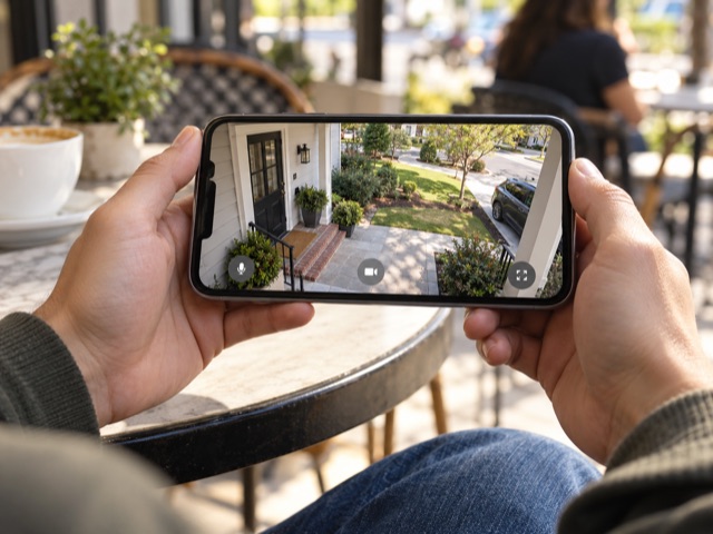 Conceptual image of a phone showing a live view of a home entrance from a café
