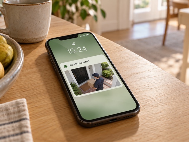 Conceptual image of a phone showing a home activity notification with a delivery thumbnail