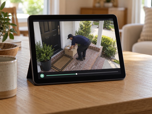 Conceptual image of a tablet showing recorded footage of a delivery at a home entrance