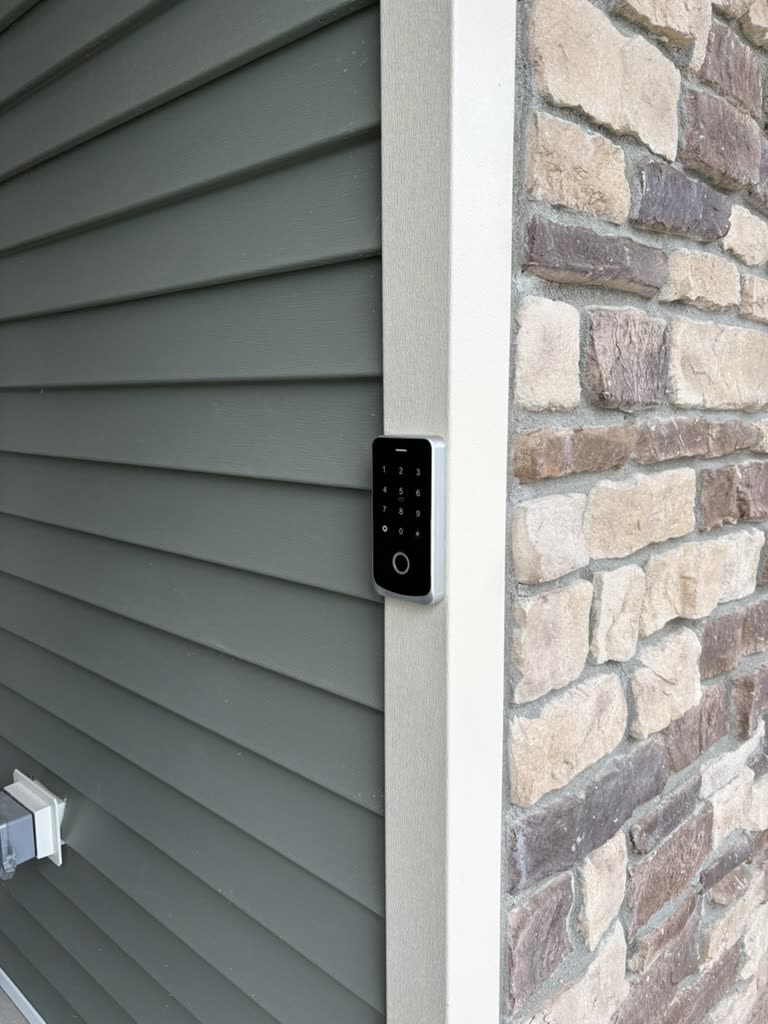 Black keypad and fingerprint reader mounted beside the home entrance.